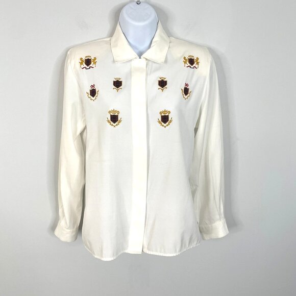 Vintage Womens EMBROIDERED ACADEMIA Top 8P Cream 80s Retro Crest Long Sleeve - Picture 1 of 13